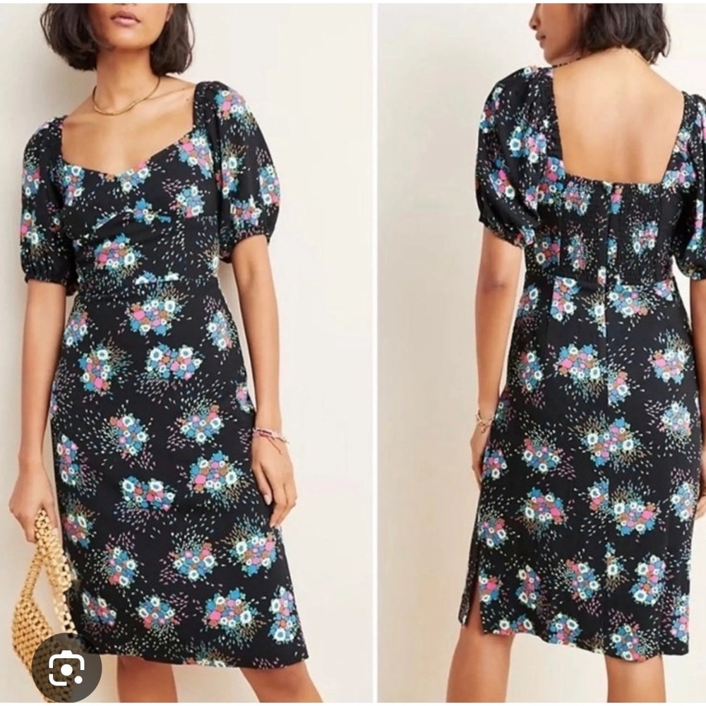Anthropologie Floral Puff Sleeve Smocked Back Midi Dress Black Multicolor Size 4